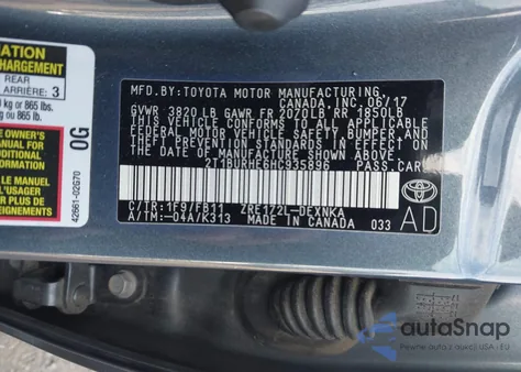 2017 Toyota Corolla Le z USA, uszkodzony, nr VIN 2T1BURHE6HC935896